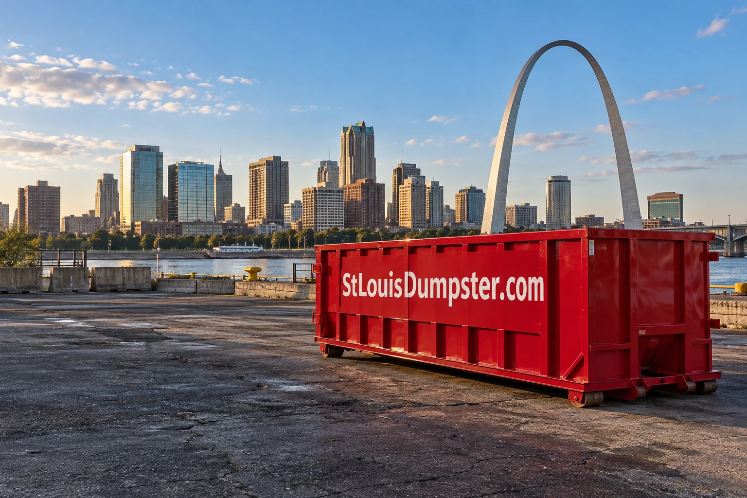 Red StLouisDumpster.com dumpster with the Gateway Arch and St. Louis skyline