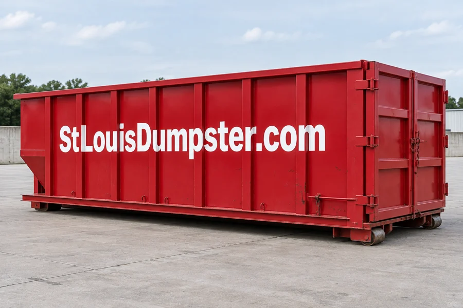 Red StLouisDumpster.com roll off container