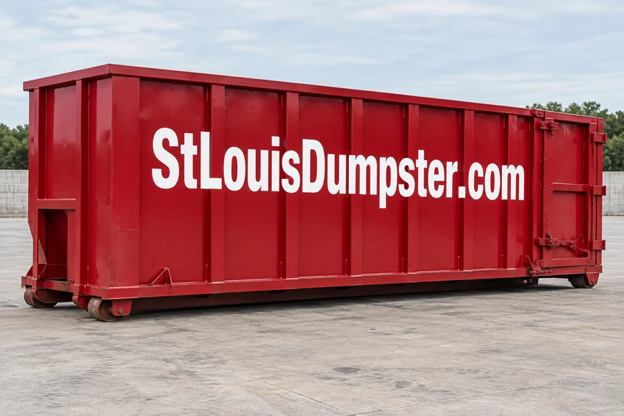 40 yard red roll off dumpster labeled StLouisDumpster.com