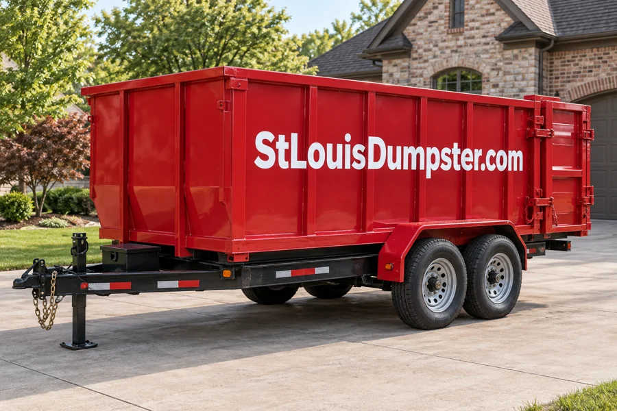 Red 20 yard rubber wheel dumpster trailer branded StLouisDumpster.com